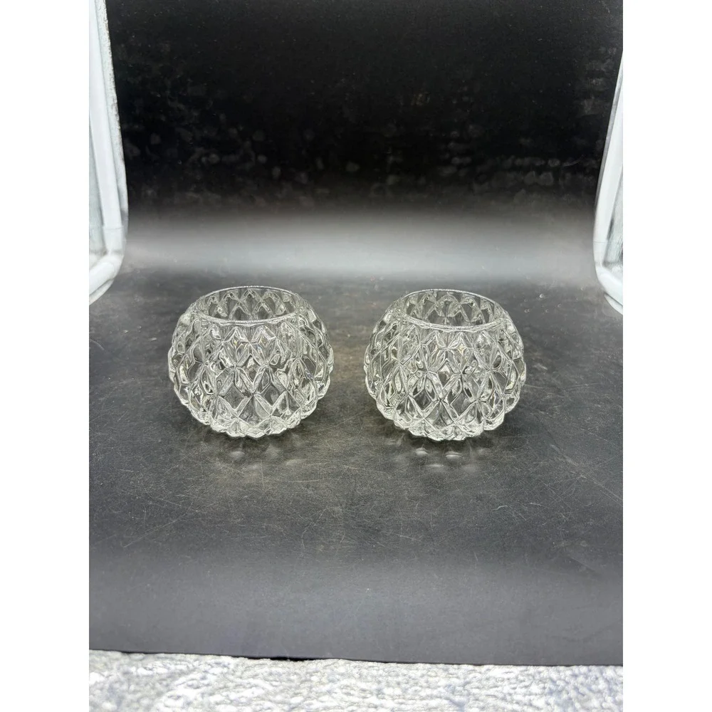 Vintage Diamond Point Clear Cut Glass Votive Tea Light Candle Holders Set of 2